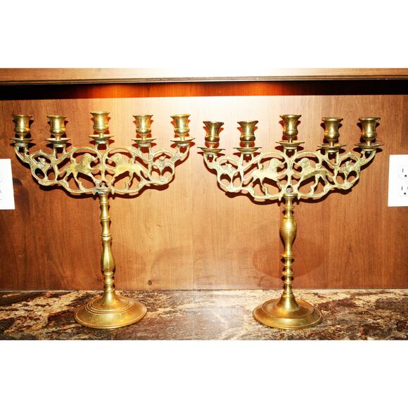 Antique Set of Judea Lions Three-Armed Shabbat Candelabra - Picture 5 of 8